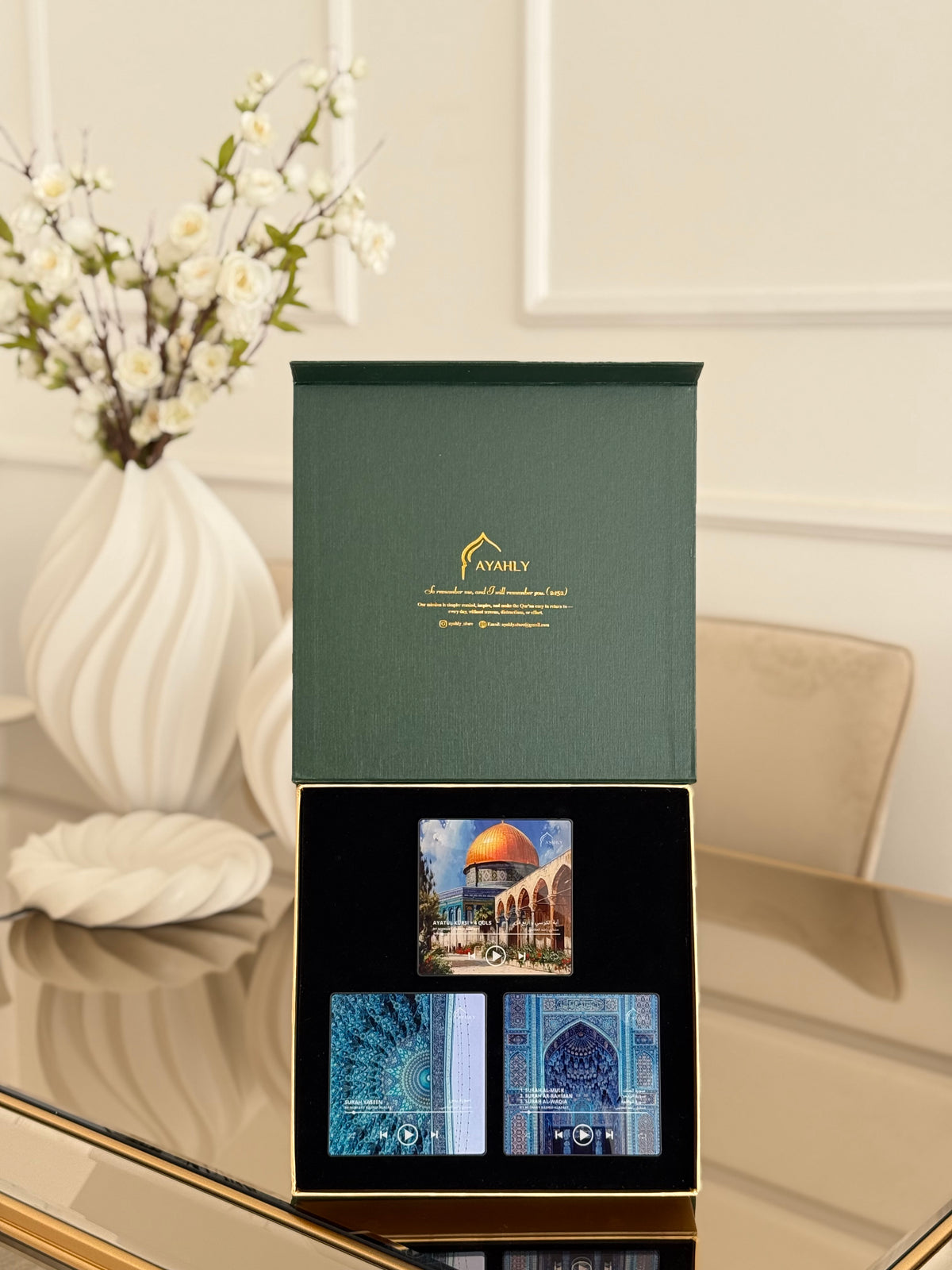 Ayahly trio gift box open to show three Quran speaker magnet design cards