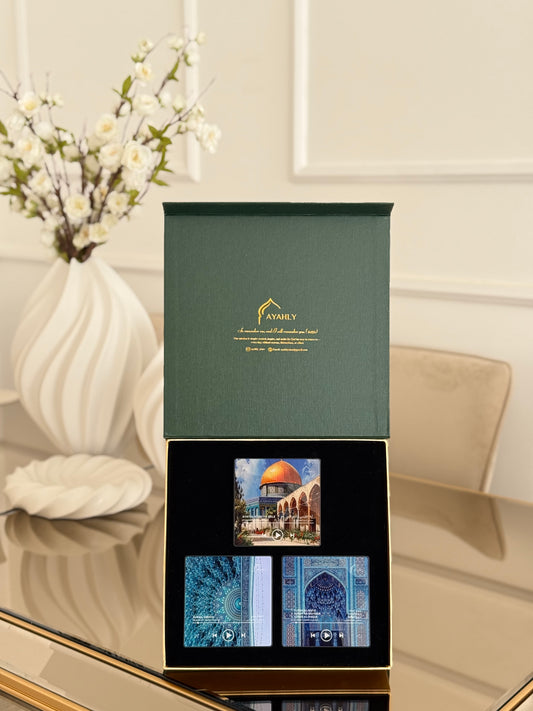Ayahly trio gift box open to show three Quran speaker magnet design cards