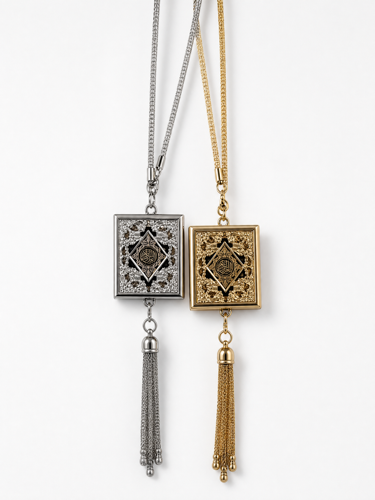 Mini Quran book pendant ornaments in gold and silver with chains and tassels
