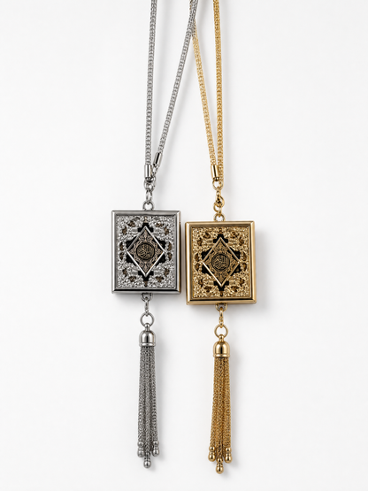 Mini Quran book pendant ornaments in gold and silver with chains and tassels