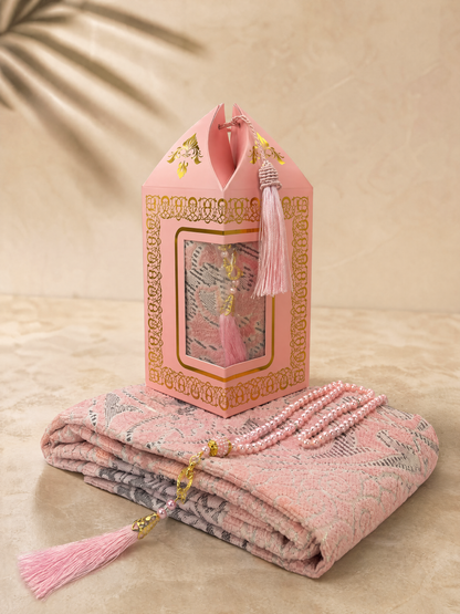Pink prayer mat and tasbih gift set with a lantern-shaped gift box and matching tassel
