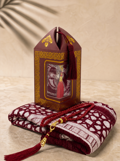 Maroon red prayer mat and tasbih gift set with a lantern-shaped gift box and matching tassel